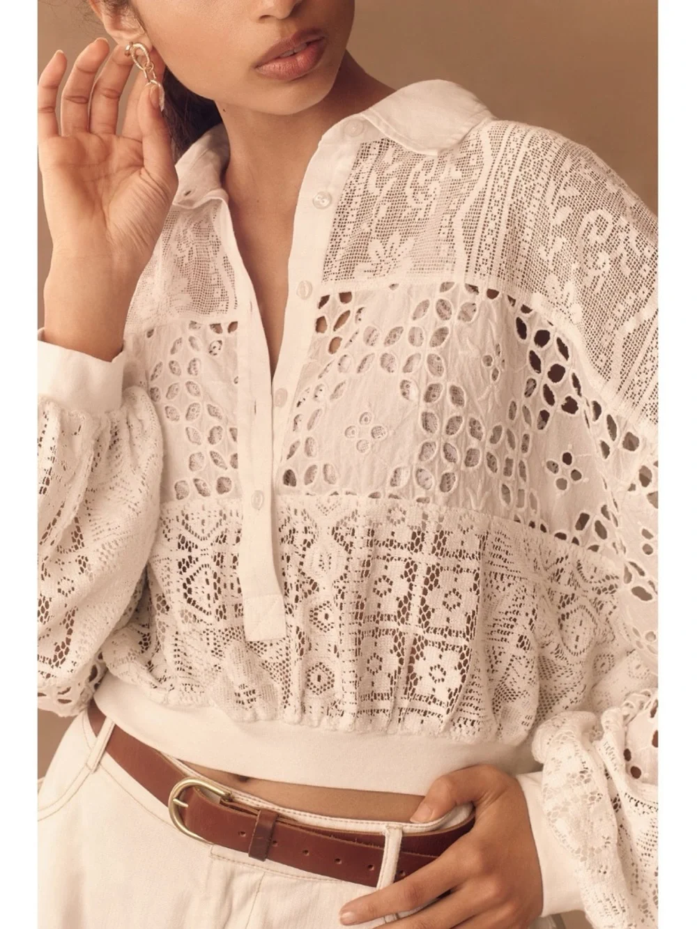 Anthropologie White Eyelet Cropped Button-Front Top